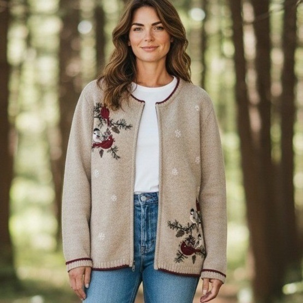 VTG Croft & Barrow XL Bird Embroidered Zip Cardigan Ramie Silk Blend Cottagecore